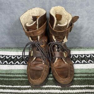 Ralph Lauren brown leather lace and buckle boots.